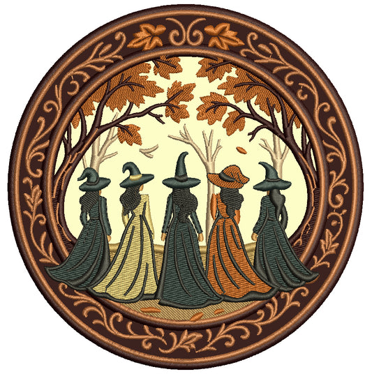 Five Witches in the Ornate Circle Halloween Applique Machine Embroidery Design Digitized Pattern