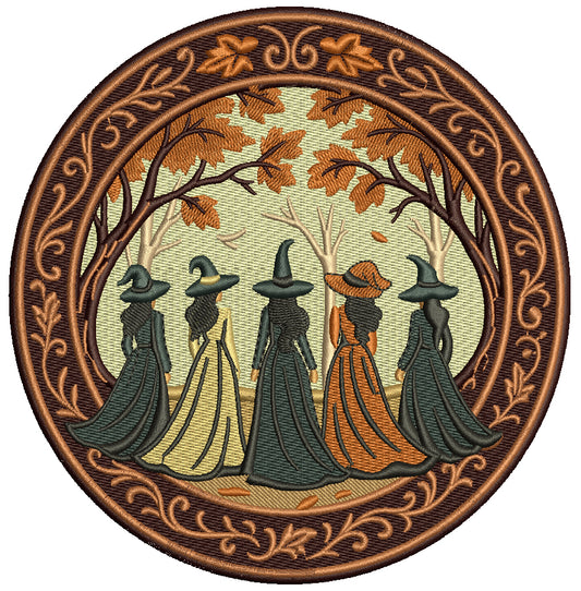 Five Witches in the Ornate Circle Halloween Filled Machine Embroidery Design Digitized Pattern