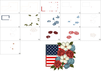 American Flag With Flowers Patriotic Independence Day 4th of July Applique Machine Embroidery Design Digitized Pattern