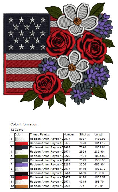 American Flag With Flowers Patriotic Independence Day 4th of July Filled Machine Embroidery Design Digitized Pattern