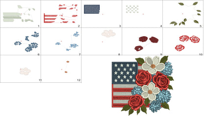 American Flag With Flowers Patriotic Independence Day 4th of July Filled Machine Embroidery Design Digitized Pattern