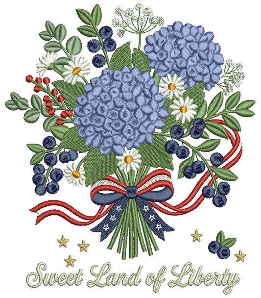 Flowers with American Flag Bow Patriotic Filled Machine Embroidery Design Digitized Pattern