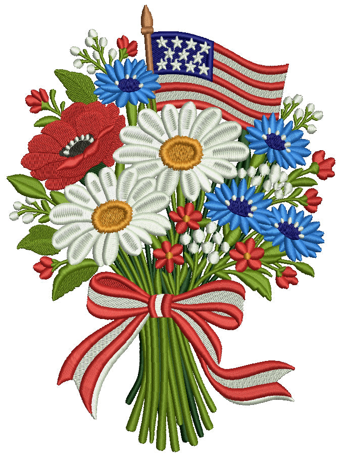Flowers with American Flag and Bow Patriotic Filled Machine Embroidery Design Digitized Pattern
