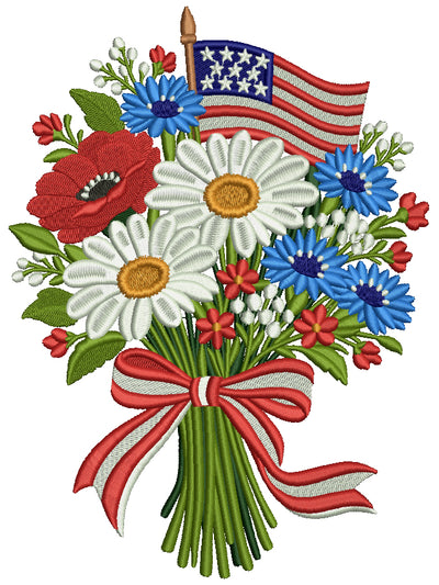 Flowers with American Flag and Bow Patriotic Filled Machine Embroidery Design Digitized Pattern