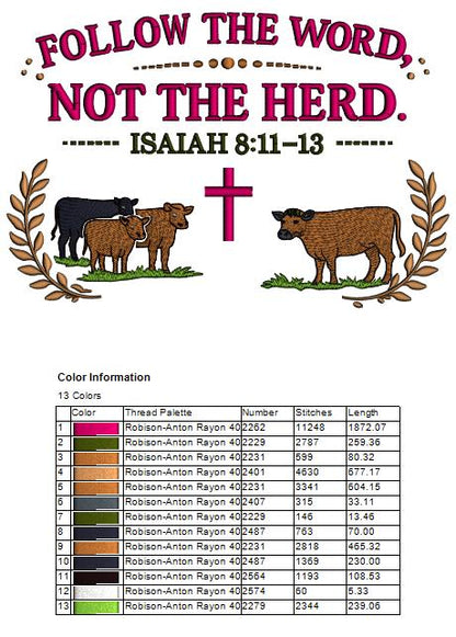 Follow the Word, Not the Herd Cows and Cross Isaiah 8:11-13 Machine Embroidery Design Christian Bible Verse Filled Pattern