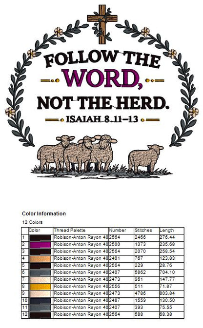 Follow the Word Not the Herd Isaiah 8:11-13 Machine Embroidery Design – Christian Bible Verse Filled Pattern