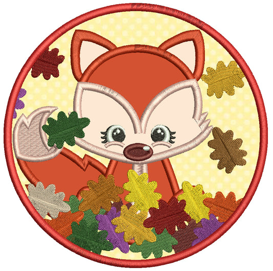 Fox In The Circle With Fall Leaves Applique Machine Embroidery Design Digitized Pattern