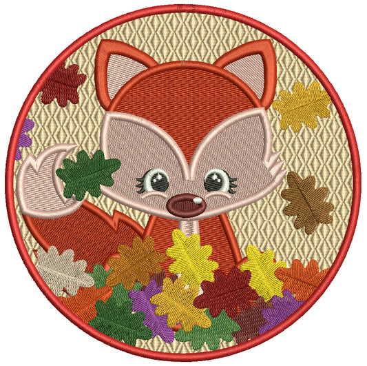 Fox In The Circle With Fall Leaves Filled Machine Embroidery Design Digitized Pattern