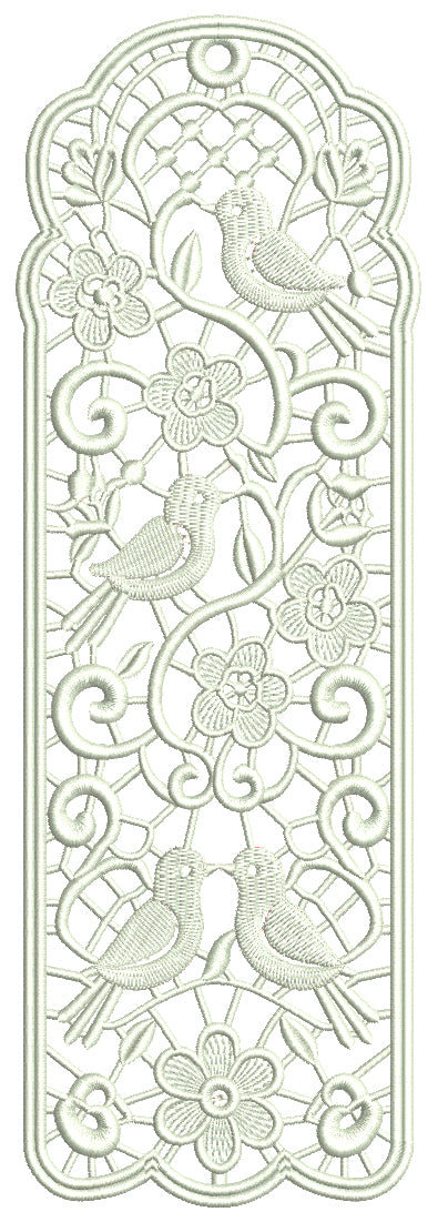 Free-Standing Lace (FSL) Bookmark With Birds And Flowers Machine Embroidery Design Digitized Pattern