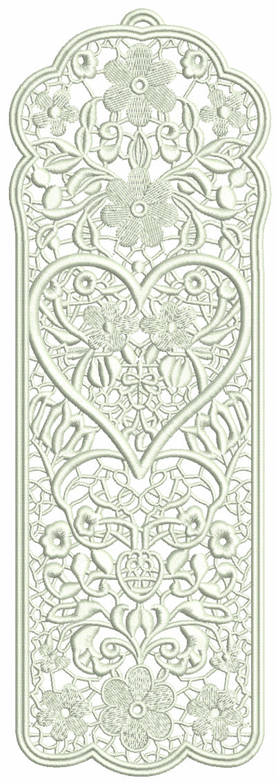 Free-Standing Lace (FSL) Bookmark With Heart Machine Embroidery Design Digitized Pattern