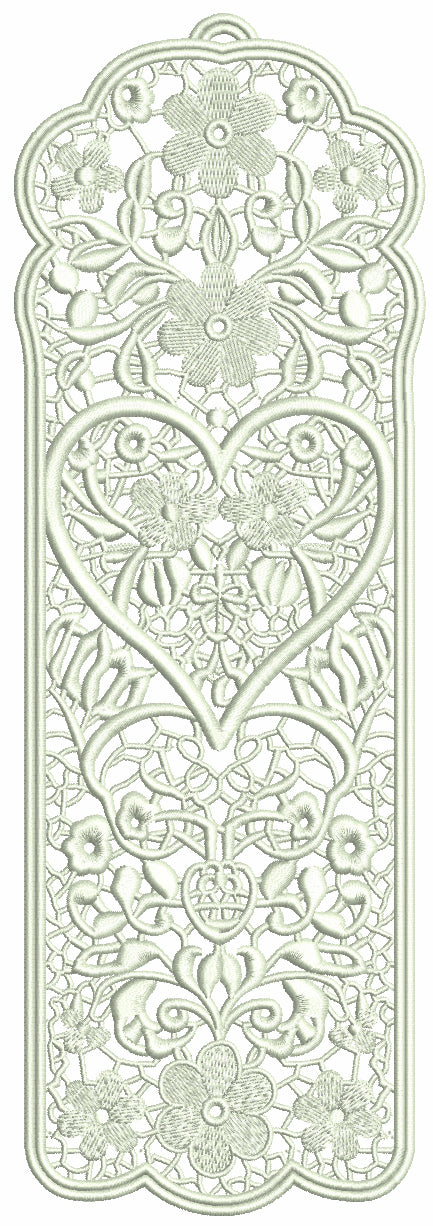 Free-Standing Lace (FSL) Bookmark With Heart Machine Embroidery Design Digitized Pattern