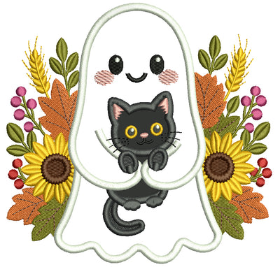 Ghost With Black Cat Halloween Machine Embroidery Design - Applique Pattern