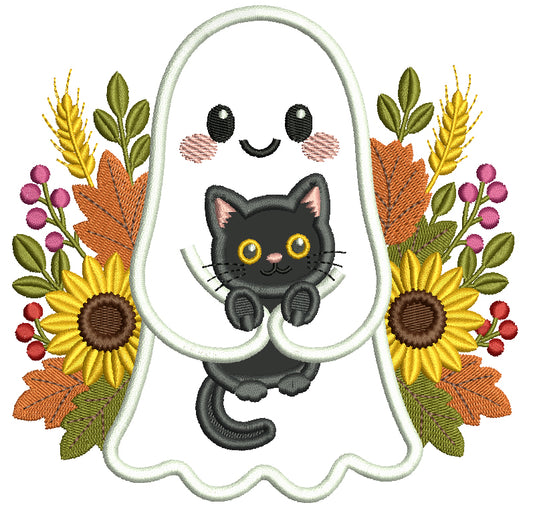 Ghost With Black Cat Halloween Machine Embroidery Design - Applique Pattern