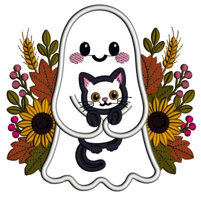 Ghost With Black Cat Halloween Machine Embroidery Design - Applique Pattern