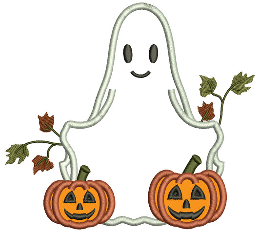 Ghost With Two Pumpkins Halloween Applique Machine Embroidery Design Digitized Pattern