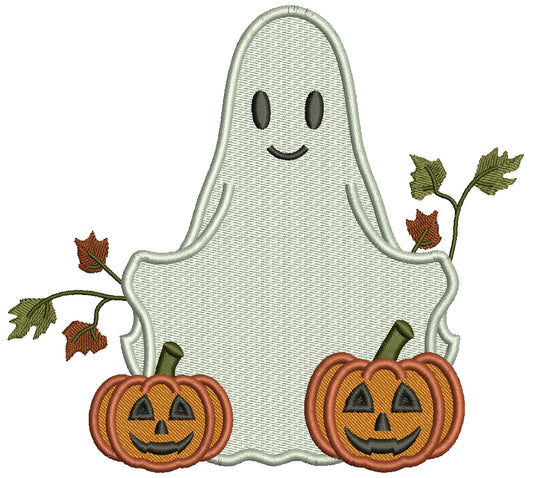 Ghost With Two Pumpkins Halloween Filled Machine Embroidery Design Digitized Pattern