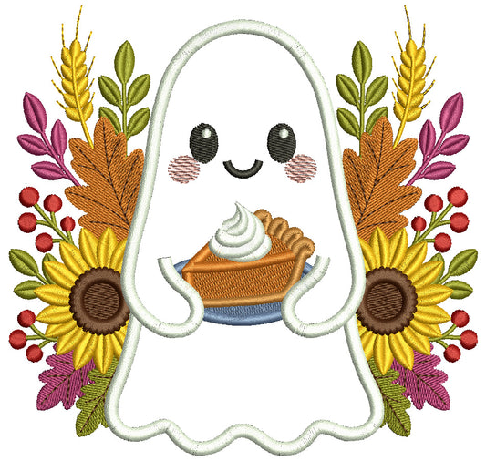 Ghost with Flowers and Pumpkin Pie Halloween Applique Machine Embroidery Design Digitized Pattern