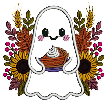 Ghost with Flowers and Pumpkin Pie Halloween Applique Machine Embroidery Design Digitized Pattern