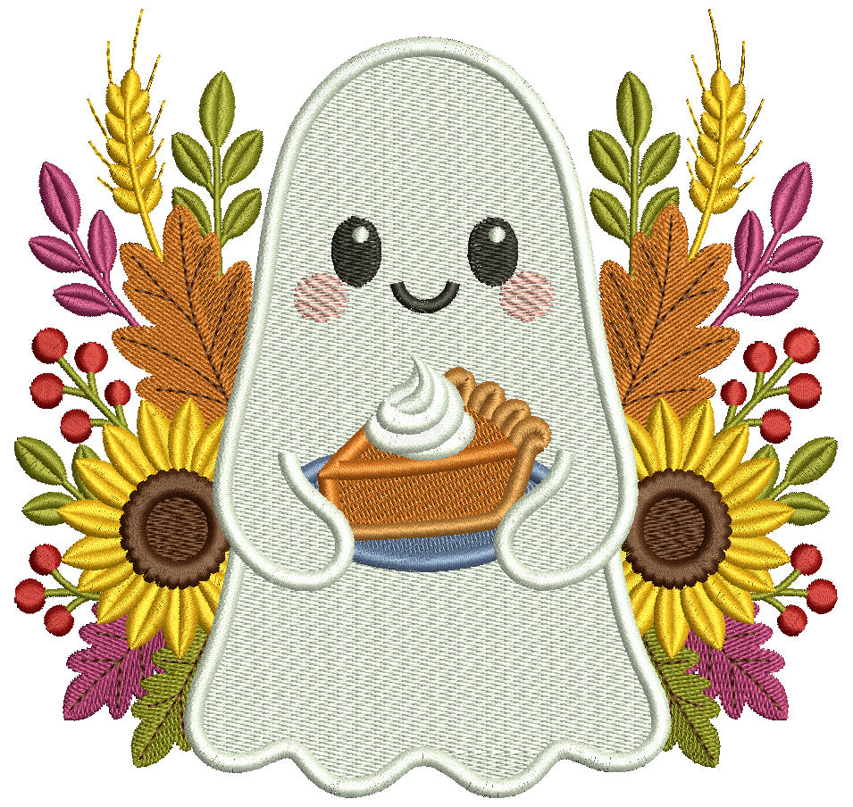 Ghost with Flowers and Pumpkin Pie Halloween Filled Machine Embroidery Design Digitized Pattern