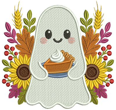 Ghost with Flowers and Pumpkin Pie Halloween Filled Machine Embroidery Design Digitized Pattern