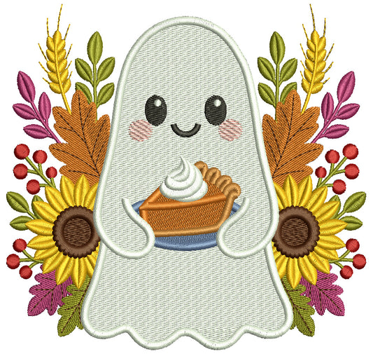 Ghost with Flowers and Pumpkin Pie Halloween Filled Machine Embroidery Design Digitized Pattern