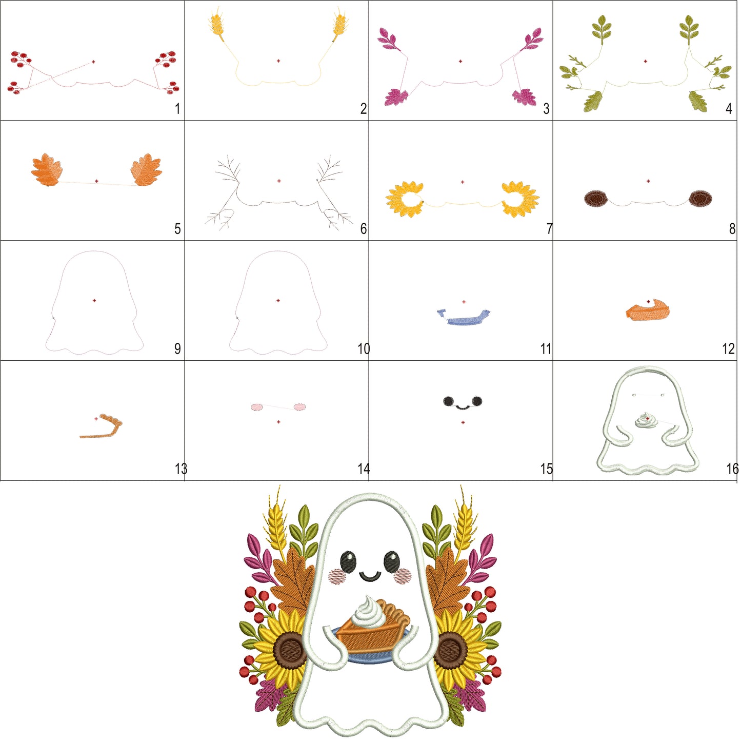 Ghost with Flowers and Pumpkin Pie Halloween Applique Machine Embroidery Design Digitized Pattern