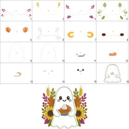 Ghost with Flowers and Pumpkin Pie Halloween Applique Machine Embroidery Design Digitized Pattern