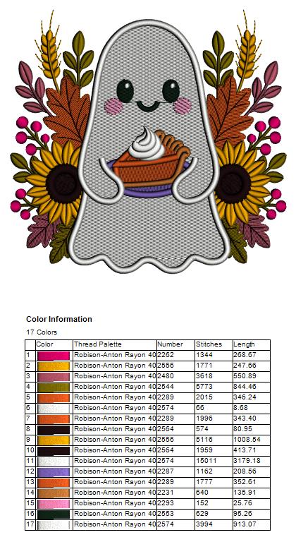 Ghost with Flowers and Pumpkin Pie Halloween Filled Machine Embroidery Design Digitized Pattern