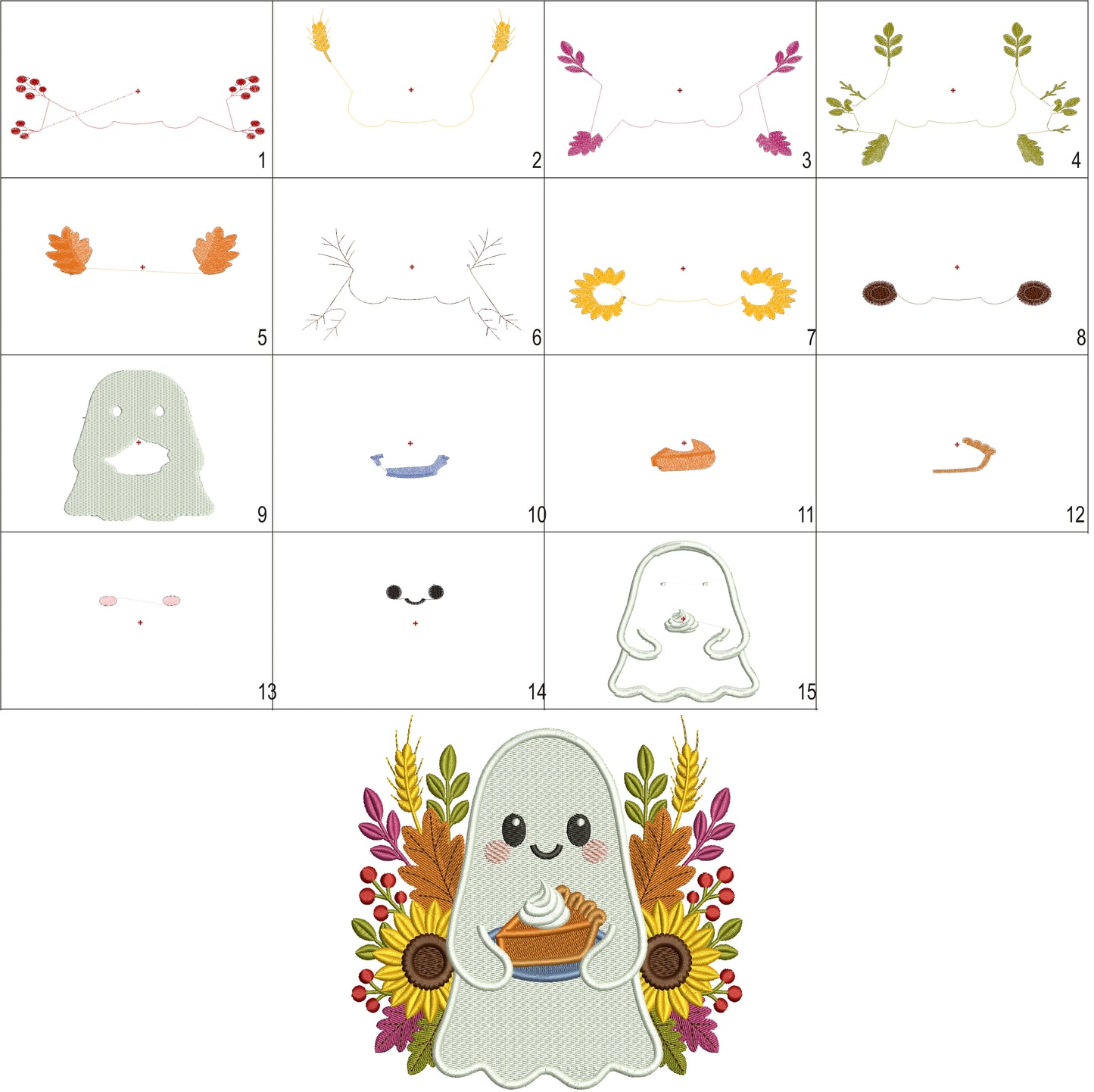 Ghost with Flowers and Pumpkin Pie Halloween Filled Machine Embroidery Design Digitized Pattern