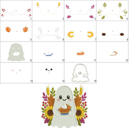 Ghost with Flowers and Pumpkin Pie Halloween Filled Machine Embroidery Design Digitized Pattern