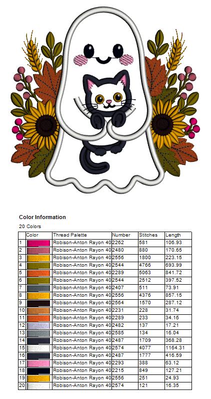 Ghost With Black Cat Halloween Machine Embroidery Design - Applique Pattern