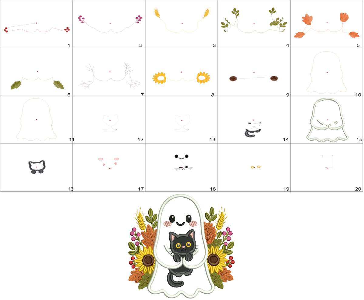 Ghost With Black Cat Halloween Machine Embroidery Design - Applique Pattern