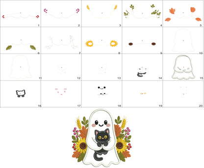 Ghost With Black Cat Halloween Machine Embroidery Design - Applique Pattern