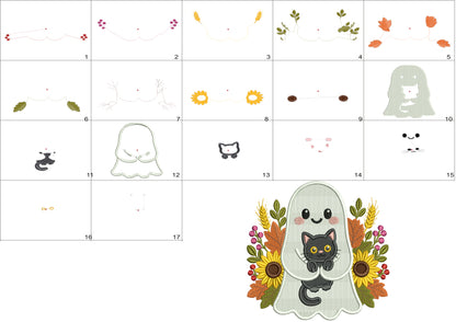 Ghosts and Black Cats Halloween Machine Embroidery Design - Filled Pattern