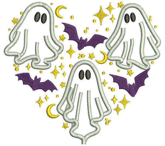 Ghosts Heart Halloween Applique Machine Embroidery Design Digitized Pattern