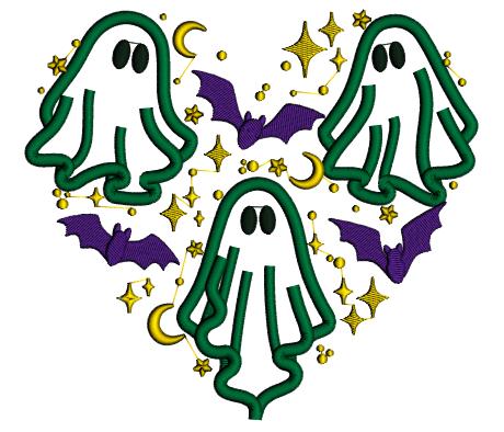 Ghosts Heart Halloween Applique Machine Embroidery Design Digitized Pattern