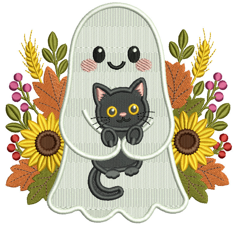 Ghosts and Black Cats Halloween Machine Embroidery Design - Filled Pattern