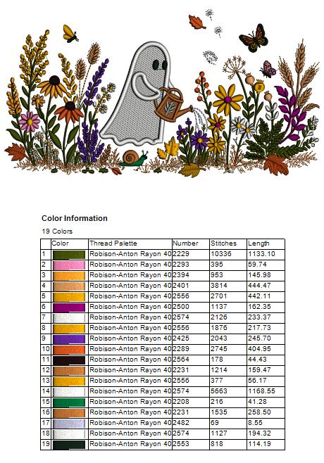 Halloween Ghost Watering Flowers Filled Machine Embroidery Design