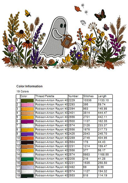 Halloween Ghost Watering Flowers Filled Machine Embroidery Design