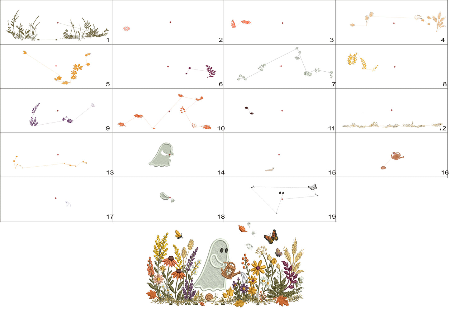 Halloween Ghost Watering Flowers Filled Machine Embroidery Design