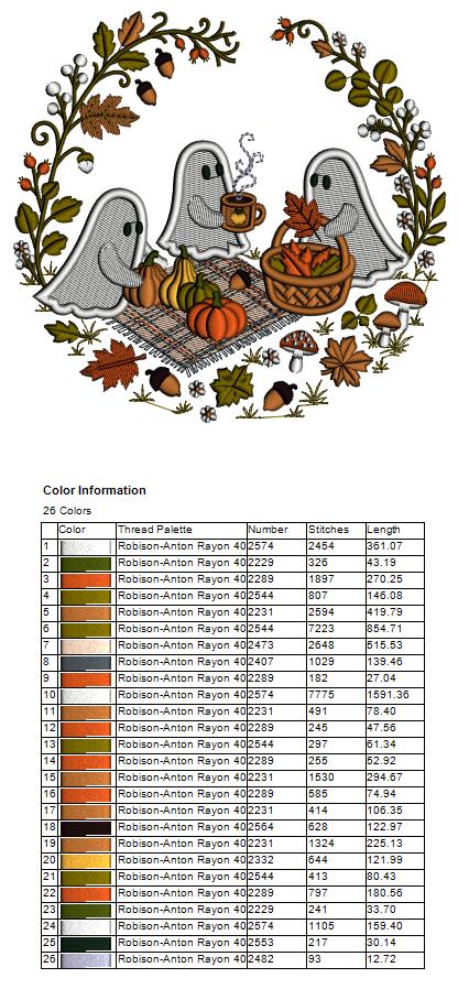 Three Ghosts Picnic Halloween Filled Machine Embroidery Design Digitized Pattern