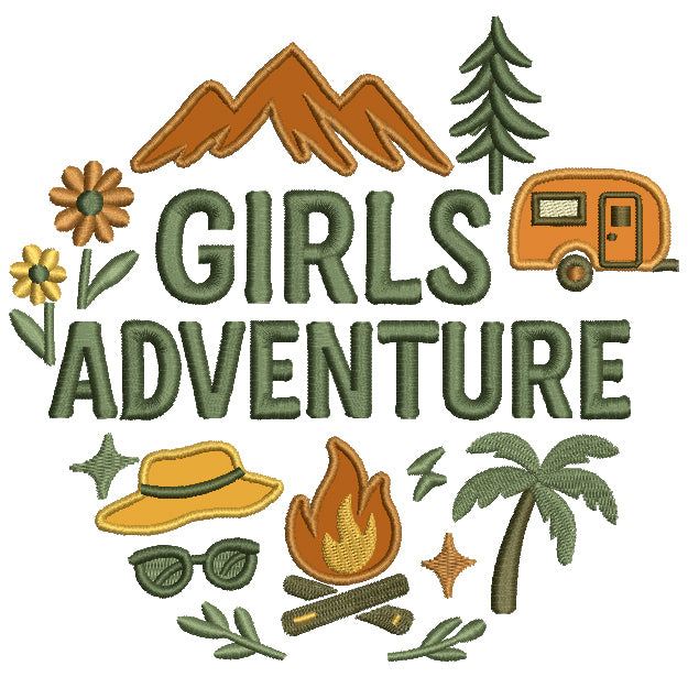 Girls Adventure Camping Applique Machine Embroidery Design – Cute Camping Adventure Applique Pattern