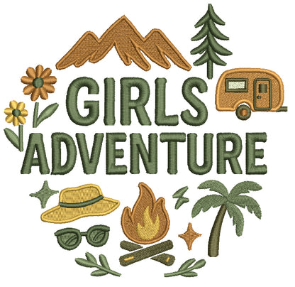 Girls Adventure Camping Machine Embroidery Design – Cute Outdoor Camping Filled Stitch Pattern
