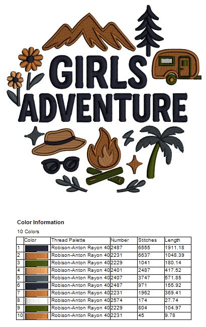 Girls Adventure Camping Machine Embroidery Design – Cute Outdoor Camping Filled Stitch Pattern