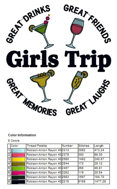 Girls Trip Great Drinks, Great Friends, Great Memories, Great Laughs Filled Machine Embroidery Design Digitized Pattern
