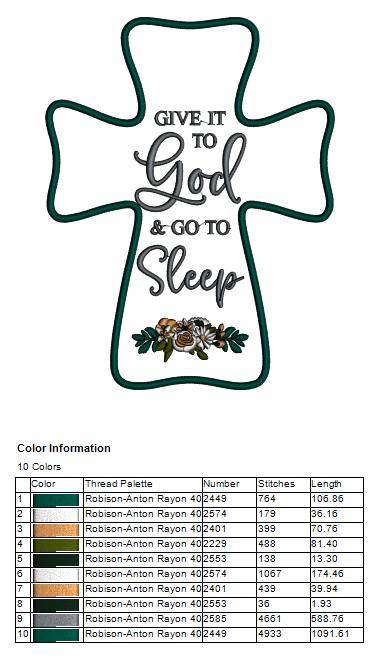 Give It To God and Go To Sleep Cross with Flowers Machine Embroidery Design – Christian Religious Filled Pattern