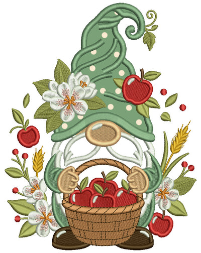 Gnome Holding Basket With Apples Country Applique Machine Embroidery Design Digitized Pattern