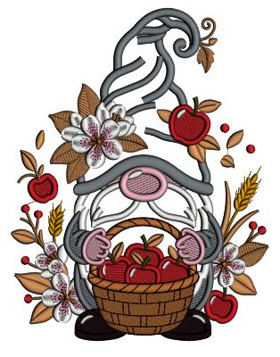 Gnome Holding Basket With Apples Country Applique Machine Embroidery Design Digitized Pattern