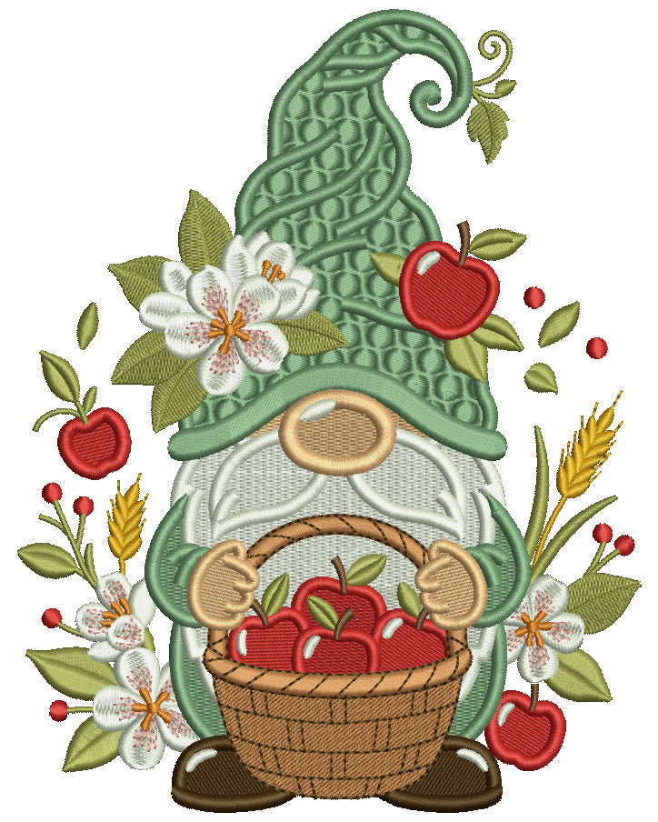 Gnome Holding Basket With Apples Country Filled Machine Embroidery Design Digitized Pattern