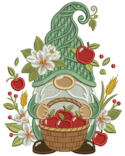 Gnome Holding Basket With Apples Country Filled Machine Embroidery Design Digitized Pattern